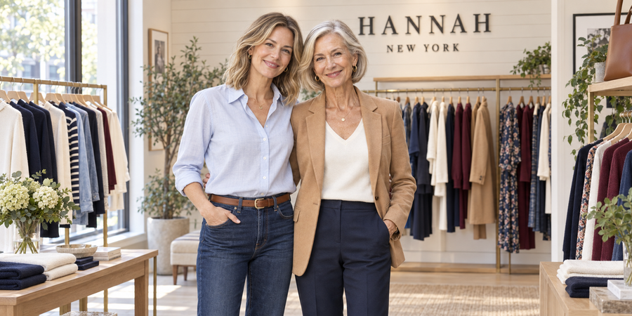 AI lifestyle concept / test image: Hannah in a camel blazer with her adult daughter in an imagined Hannah New York boutique; illustrative demo, not final merchandise.