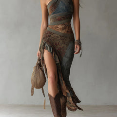 Ethnic-Style Printed One-Shoulder Maxi Dress with High Slit
