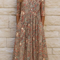 Aubrey | Boho Print Midi Dress with V-Neck Ruffle and Side Pockets