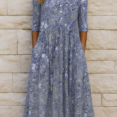 Aubrey | Boho Print Midi Dress with V-Neck Ruffle and Side Pockets