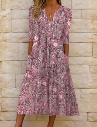 Aubrey | Boho Print Midi Dress with V-Neck Ruffle and Side Pockets