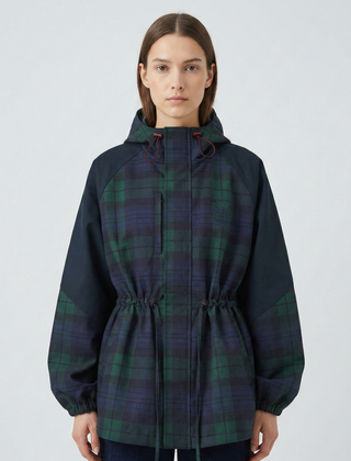 Women’s Oversized Plaid Hooded Jacket with Adjustable Waist and Utility-Inspired Design