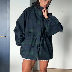 Women’s Oversized Plaid Hooded Jacket with Adjustable Waist and Utility-Inspired Design
