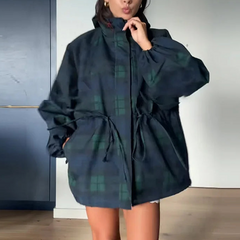 Women’s Oversized Plaid Hooded Jacket with Adjustable Waist and Utility-Inspired Design