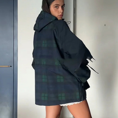 Women’s Oversized Plaid Hooded Jacket with Adjustable Waist and Utility-Inspired Design