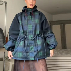 Women’s Oversized Plaid Hooded Jacket with Adjustable Waist and Utility-Inspired Design