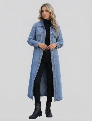 Women’s Oversized Long Denim Coat with Button-Down Front and Classic Collar