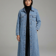 Women’s Oversized Long Denim Coat with Button-Down Front and Classic Collar