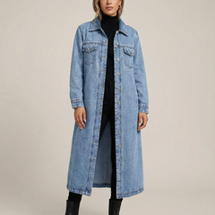 Women’s Oversized Long Denim Coat with Button-Down Front and Classic Collar