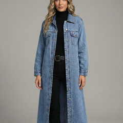 Women’s Oversized Long Denim Coat with Button-Down Front and Classic Collar