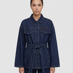 Women’s Belted Denim Utility Jacket with Structured Collar and Relaxed Fit