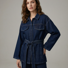 Women’s Belted Denim Utility Jacket with Structured Collar and Relaxed Fit