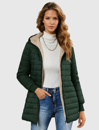 Women's Sherpa-Lined Winter Coat — Plush Long-Sleeve Insulated Hooded Overcoat