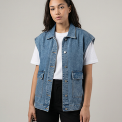 Women’s Oversized Denim Vest with Button-Down Front and Relaxed Street Style Fit