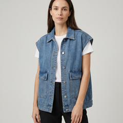 Women’s Oversized Denim Vest with Button-Down Front and Relaxed Street Style Fit