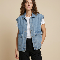 Women’s Oversized Denim Vest with Button-Down Front and Relaxed Street Style Fit