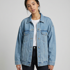 Women’s Oversized Denim Jacket with Classic Collar and Relaxed Streetwear Fit