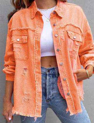 Women's Vintage-Inspired Distressed Denim Jacket — Frayed Relaxed-Fit Trucker Jacket