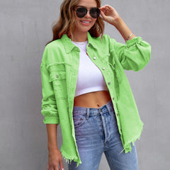 Women's Vintage-Inspired Distressed Denim Jacket — Frayed Relaxed-Fit Trucker Jacket