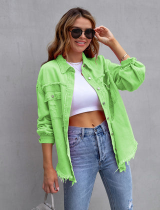 Women's Vintage-Inspired Distressed Denim Jacket — Frayed Relaxed-Fit Trucker Jacket