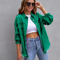 Women's Vintage-Inspired Distressed Denim Jacket — Frayed Relaxed-Fit Trucker Jacket