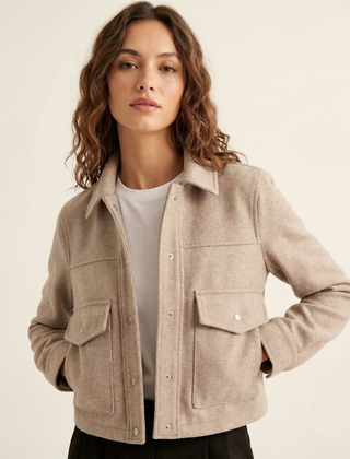 Women’s Cropped Wool-Blend Jacket with Button Front and Structured Utility Design