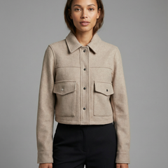 Women’s Cropped Wool-Blend Jacket with Button Front and Structured Utility Design