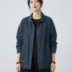 Women’s Oversized Longline Denim Jacket with Utility Pockets and Relaxed Street Style Fit