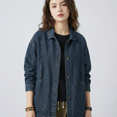 Women’s Oversized Longline Denim Jacket with Utility Pockets and Relaxed Street Style Fit