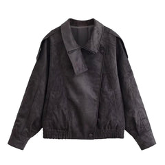 Women’s Oversized Faux Suede Jacket with Asymmetrical Collar and Modern Utility Silhouette