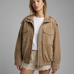 Women’s Oversized Suede Hooded Jacket with Zip Front and Utility Pocket Design