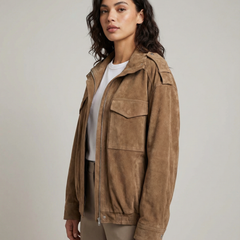 Women’s Oversized Suede Hooded Jacket with Zip Front and Utility Pocket Design