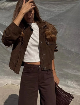 Women’s Cropped Suede Jacket with Snap Button Front and Utility Pockets