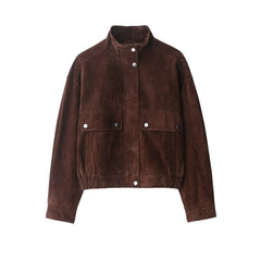 Women’s Cropped Suede Jacket with Snap Button Front and Utility Pockets