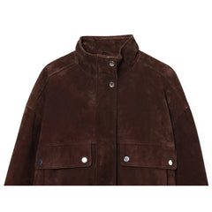 Women’s Cropped Suede Jacket with Snap Button Front and Utility Pockets