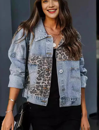Women’s Leopard Panel Denim Jacket with Distressed Details and Modern Fit