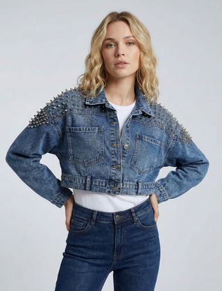 Women’s Cropped Studded Denim Jacket with Structured Shoulders and Statement Detail