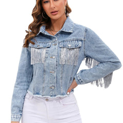 Women’s Cropped Denim Jacket with Fringe Detailing and Structured Fit