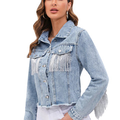 Women’s Cropped Denim Jacket with Fringe Detailing and Structured Fit