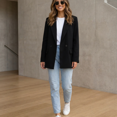 Women’s Classic Tailored Black Blazer – Elegant Double-Breasted Casual Chic Jacket