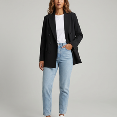 Women’s Classic Tailored Black Blazer – Elegant Double-Breasted Casual Chic Jacket