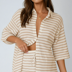 Beige Striped Knit Shirt & Shorts Set
