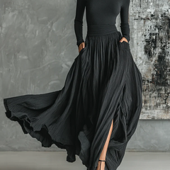 Women's Black Turtleneck Top and Pleated Midi Skirt Two-Piece Set
