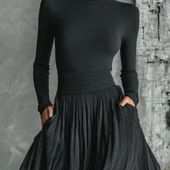Women's Black Turtleneck Top and Pleated Midi Skirt Two-Piece Set