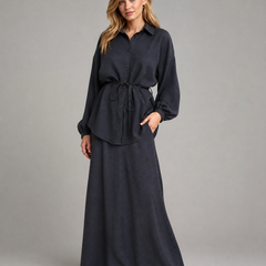 Women's Long Sleeve Tie-Front Shirt and Skirt Two-Piece Set