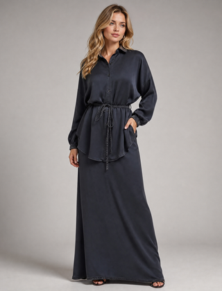 Women's Long Sleeve Tie-Front Shirt and Skirt Two-Piece Set