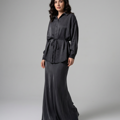 Women's Long Sleeve Tie-Front Shirt and Skirt Two-Piece Set