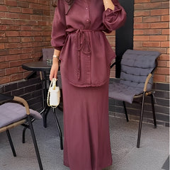 Women's Long Sleeve Tie-Front Shirt and Skirt Two-Piece Set