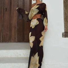 Printed One Shoulder Two Piece Set with Flowy Sleeve Detail