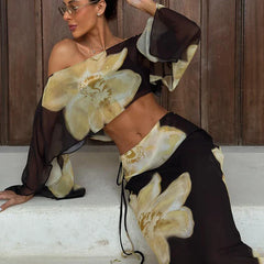 Printed One Shoulder Two Piece Set with Flowy Sleeve Detail